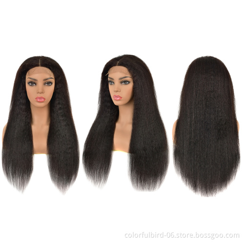Free samples natural color yaki 13*4 lace front wigs kinky straight frontal swiss lace wigs Human Hair Wig